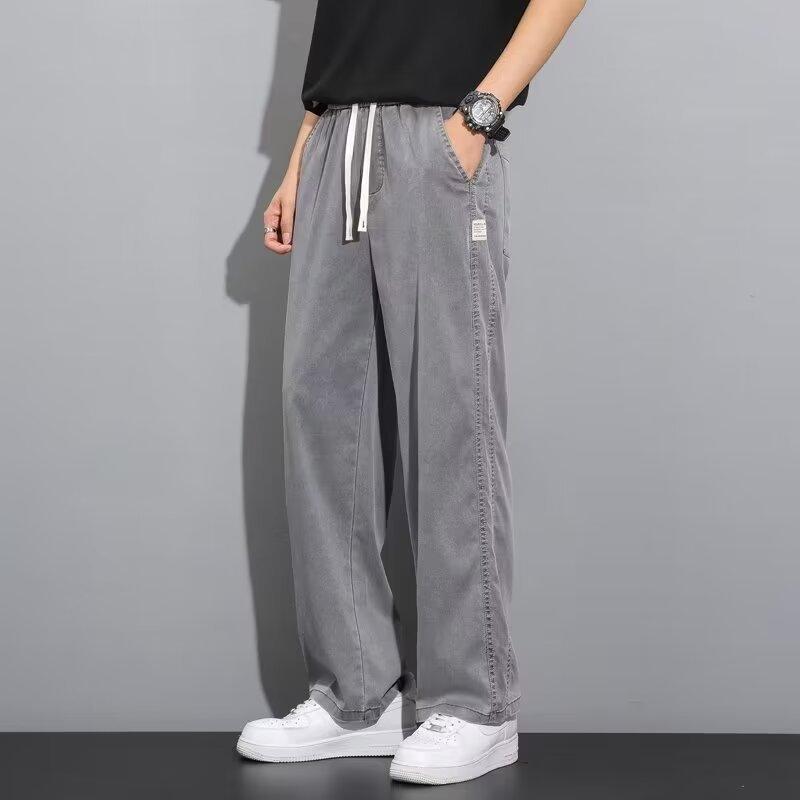 Spring/Summer Soft Lyocell Fabric Men's Jeans Thin Loose Straight Leg PantsDrawstring Elastic Waist Korean Casual Pants