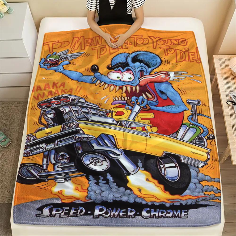 1Pc Rat Fink Print Flannel Blanket, High Quality Comfortable for All Seasons, Home Decor, Warmth and Comfort, Perfect for Christmas Gifts