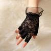 Women Bride Short Gloves Nightclub Hollow Out Lace Gloves Dancing Party Half Finger Gloves Pleated Cuff Decor Mitten