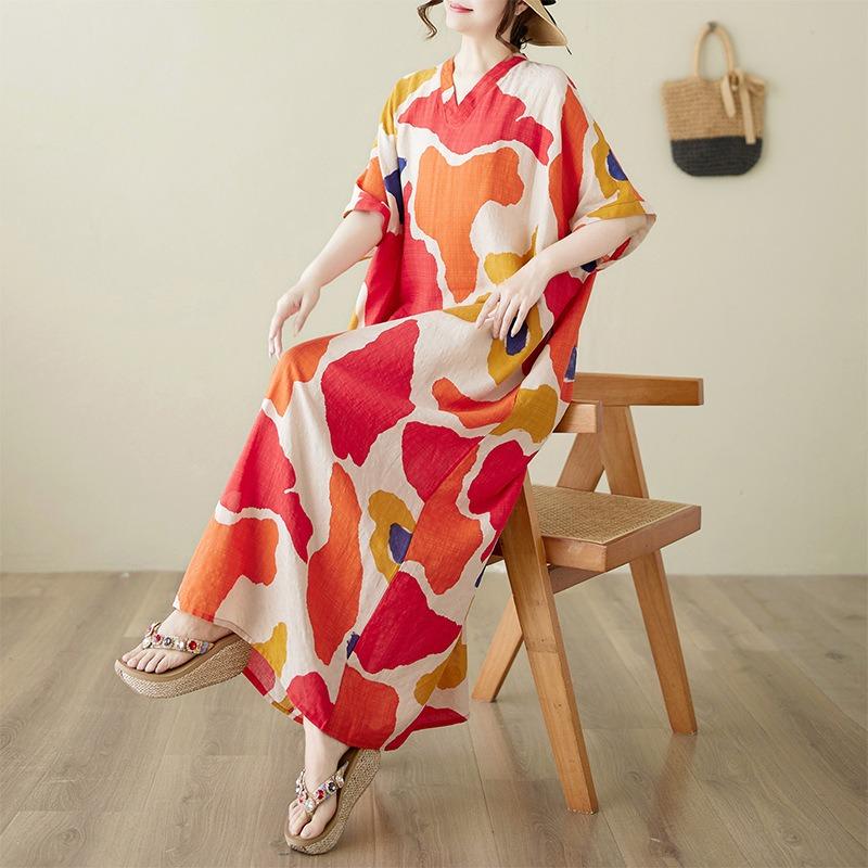 Summer New Cotton and Linen Literary and Retro Loose V-neck Large Size Casual Vacation Short-sleeved Dress Women's Clothing