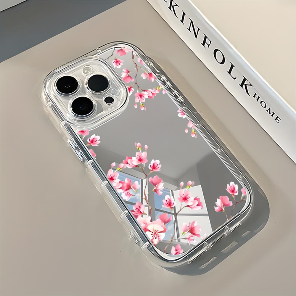 Pink Cherry Blossom Floral Back Mirror Phone Case For iPhone 17 16 15 Pro 14 13 12 11 Pro Max 7 8 Plus 17 Air X XR XS Soft Cover