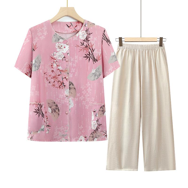 

Mother s Day Summer Two-Piece Set for Middle-Aged & Elderly Women – New Chinese Style Shirt Set 5XL [150-160 lbs]