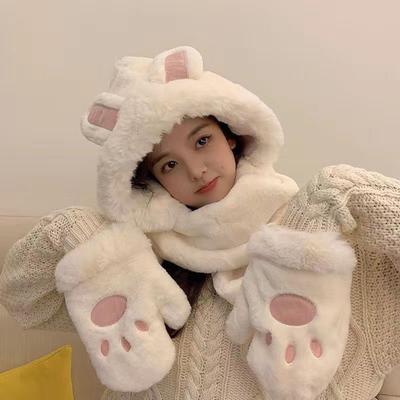 Korean-style Women's Autumn and Winter Hat, Scarf, and Hat Three-piece Set with Cute Bunny Ears, Versatile, Thickened, Warm, Casual and Versatile