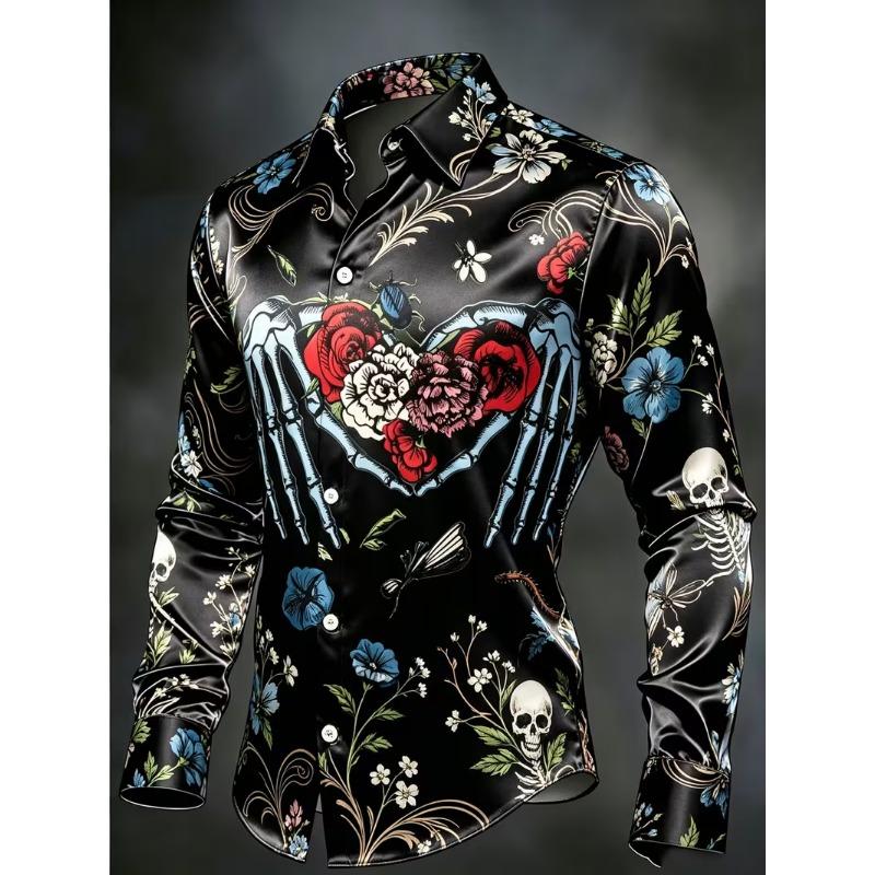 New Long Sword Black Wings Baroque 3D Printed Long Sleeve Shirt Smooth Satin Collar Men's Top Clothing