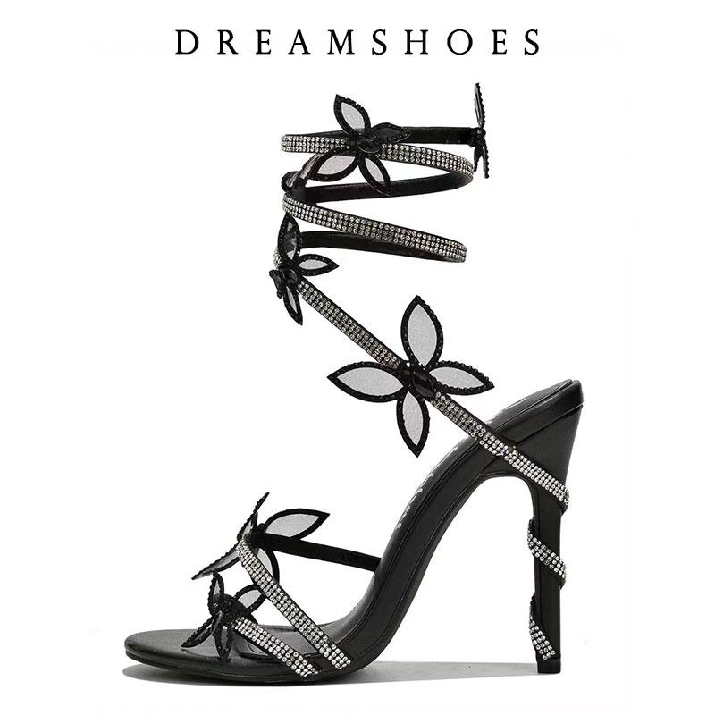 2025 Sexy CRYSTAL Flower Thin High Heels Women Sandals Street Style Narrow Band Ankle Strap Pole Dancing Ladies Shoes