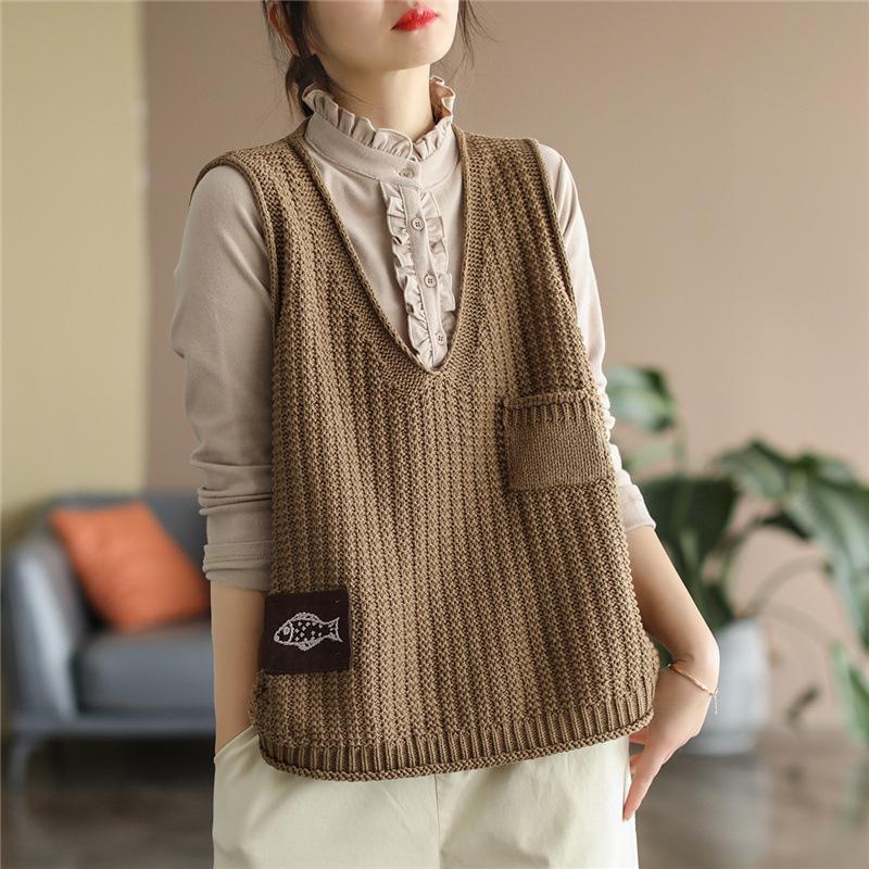 Retro V-Neck Knit Vest for Women - Spring/Autumn Casual