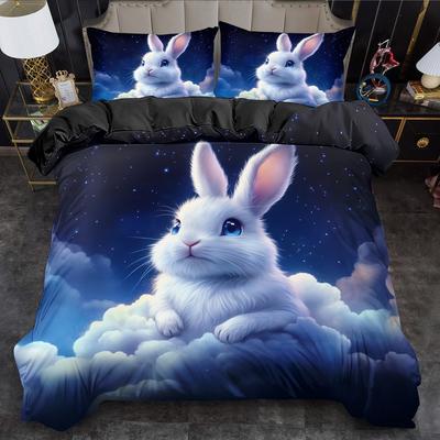Set Copripiumino 2/3 Pezzi Set Copripiumino Stampato Animale Cartone Animato Coniglio Stile King Queen Set Biancheria da Letto Poliestere Lavabile in Lavatrice