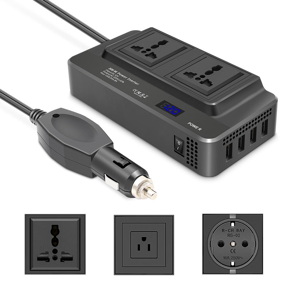 200W 12V Car Power Inverter with Dual Sockets & 4 USB Ports for Mobile Charging