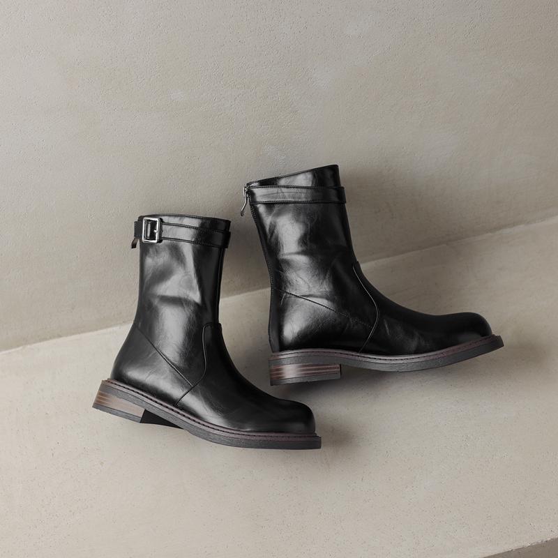 Belt Buckle Punk Booties Women's New Fashion Back Zippers Ankle Boots Chunky Mid Heels Casual Female Platform Shoes Plus Size 42