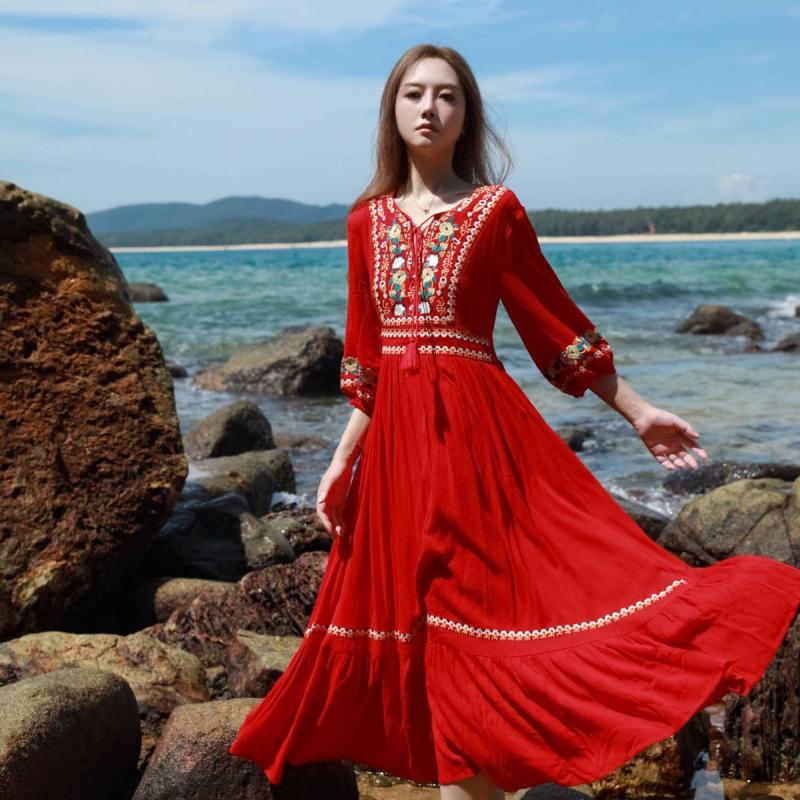 Women's White Embroidered Ethnic Summer Beach Dress with Big Swing Skirt