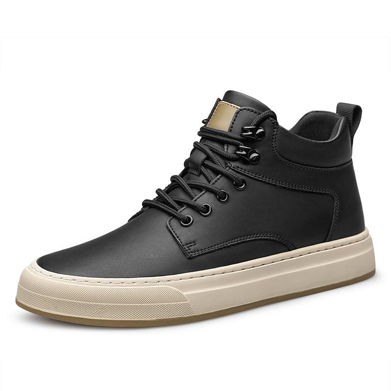 Men's Autumn Invisible Height-Boost 8cm Breathable Cowhide 6-Hole Mid-Top Shoes, British Style Sports Casual Board Sneakers