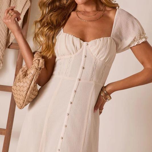 2026 Summer New French Temperament Square Neck Bubble Sleeve Cardigan Dress Women's Holiday Style Long Dress European and American Style