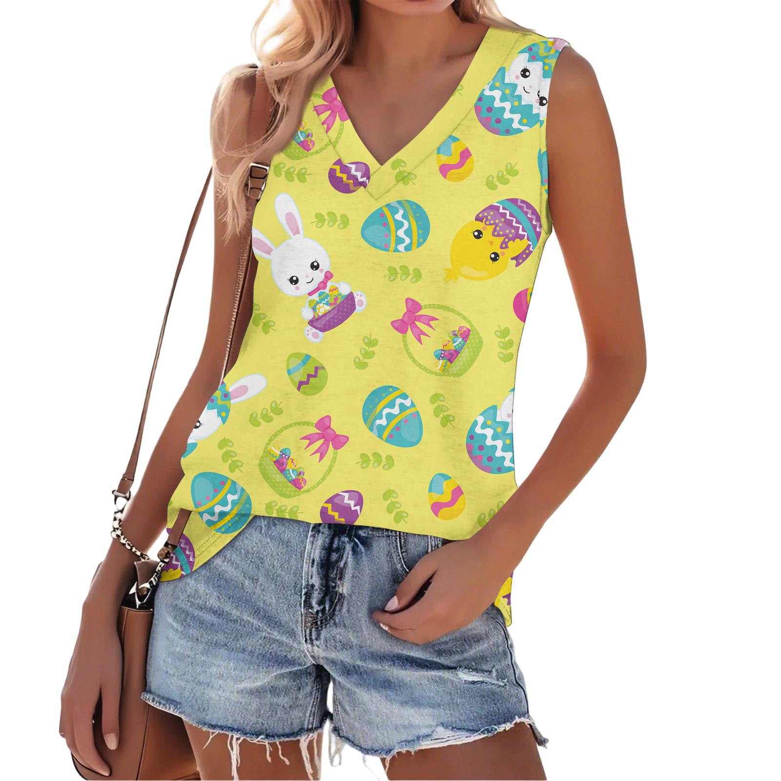 

Sleeveless V Neck Tank Top with Easter Egg Bunny and Print Casual Loose Fit Comfortable Vest for Women S