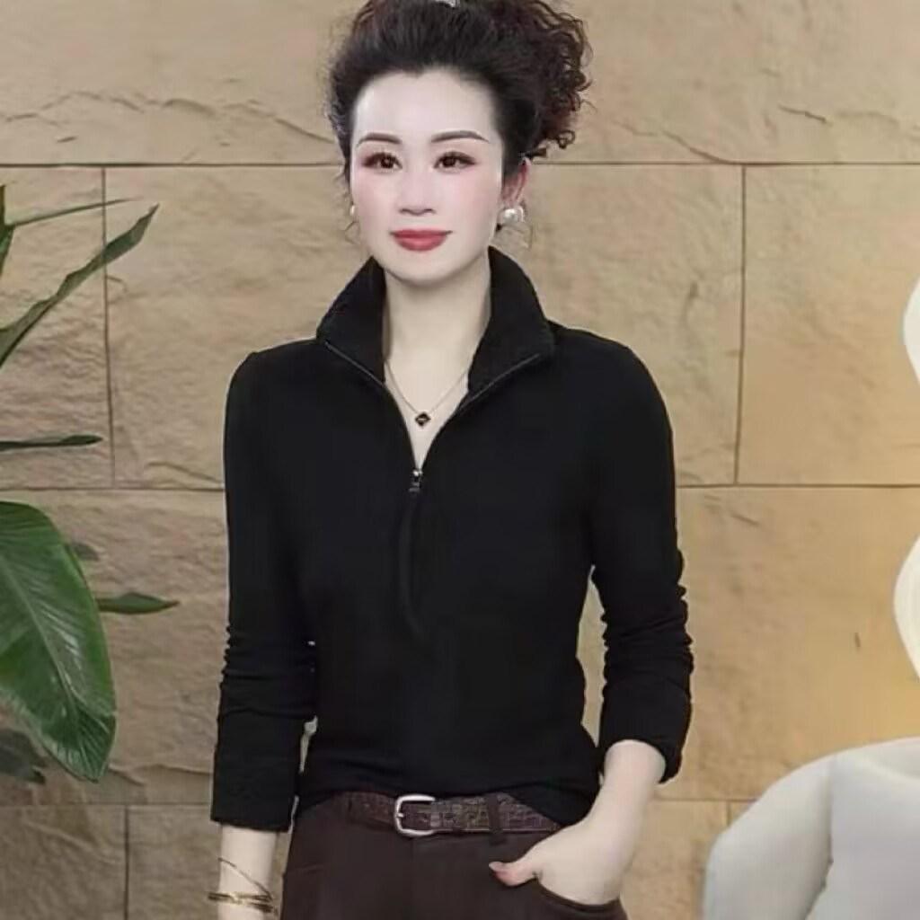 Autumn/Winter Stand Collar Half-Zip Double-Sided Fleece T-Shirt - Loose, Slimming, Versatile for Young Mothers