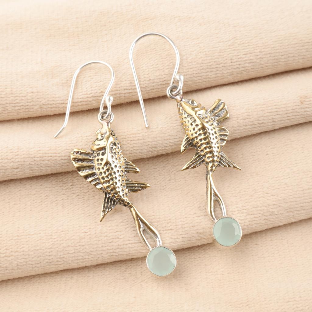 Natural Aqua Chalcedony Gemstone 925Sterling Silver Handmade Drop Earrings 2.17" EE-148-3