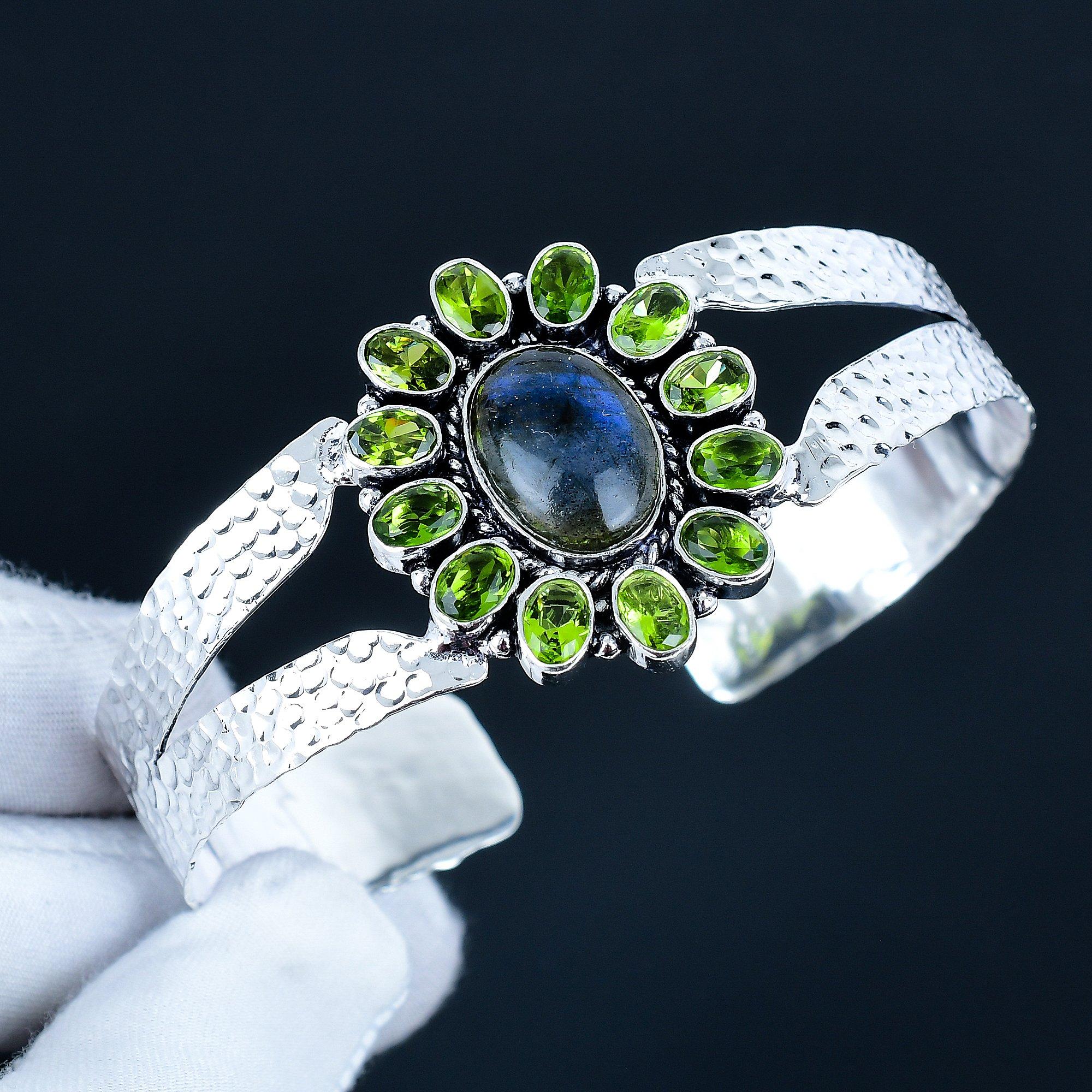 

Натуральный лабрадорит, драгоценный камень, браслет-манжета ручной работы, браслет-манжета из стерлингового серебра 925 пробы, браслет в форме цветка с перидотом для жены, унисекс, подарок для жены 7 синий