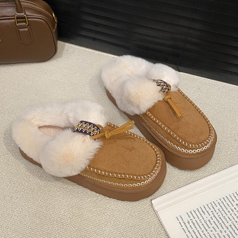 Women's Fur Mouth Large Size Thickened Winter Warm Fur One Snow Boots Thickened Lined Ankle Boots Non-slip Hiking Sports Cotton Slippers