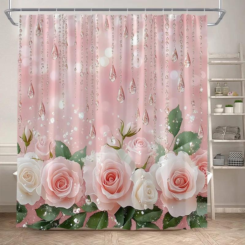 Rosa Ros Blommiga Duschdraperier Naturlig Grön Växt Blommor Alla Hjärtans Dag Badrumsdraperi Modernt Tyg Badrumsinredning med Krokar