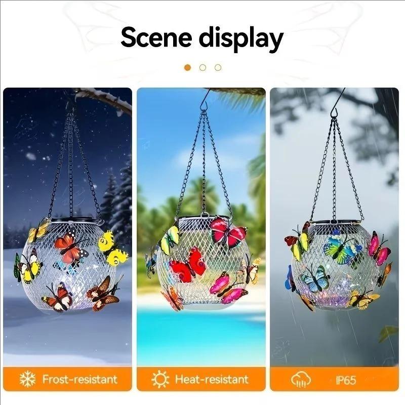 Solar Powered Hanging Lantern, Metal Mesh LED Butterfly Light, Waterproof Outdoor Garden Patio Yard Decor, Warm White & Multicolor Night Lamp