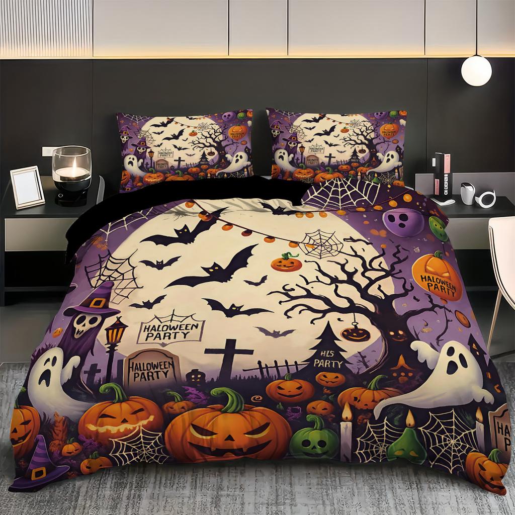3-piece Halloween themed ghost, bat, and pumpkin patterned duvet cover set, 1 duvet cover+2 pillowcases, coreless