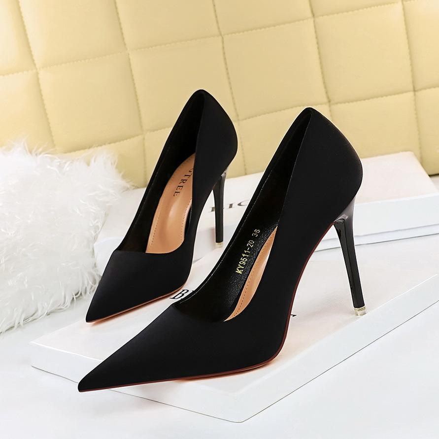Fashion Spring Autumn Fashion Women Satin Grace Concise Stilettos Party Vintage Solid Color Dress Shoes Soft Female Footwear 18249-A2