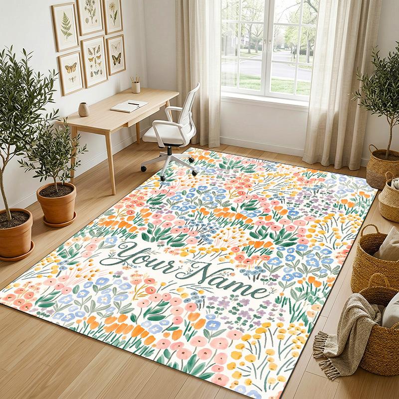 Floral Fantasy Theme Soft Crystal Velvet Rug Custom Name & Text Print Non Slip Floor Rug for Bedroom Living Room