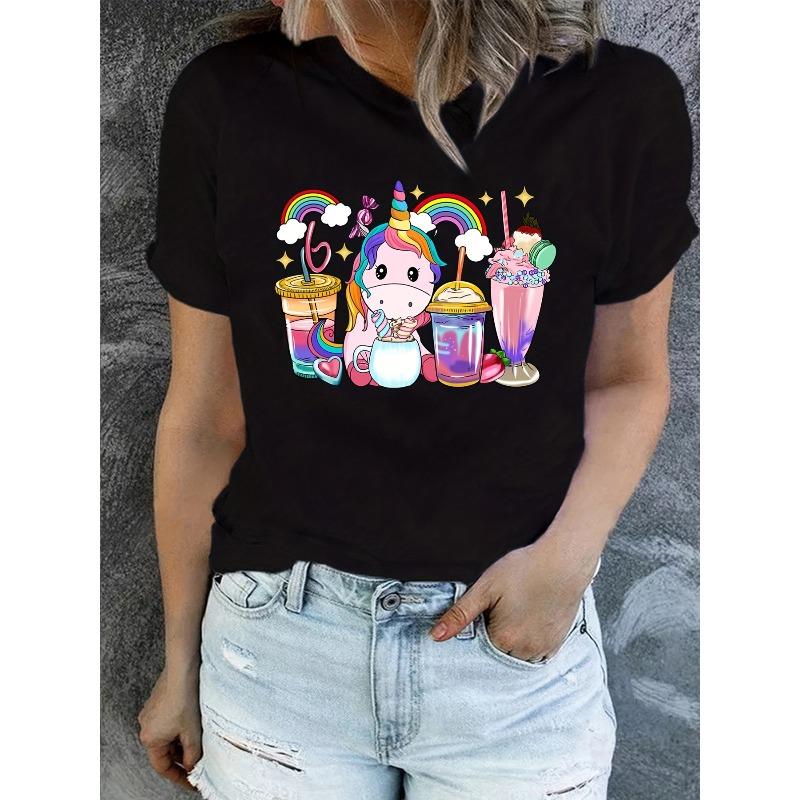 Womens Rainbow Unicorn Print T Shirt Short Sleeve Crew Neck Summer Spring Casual Top
