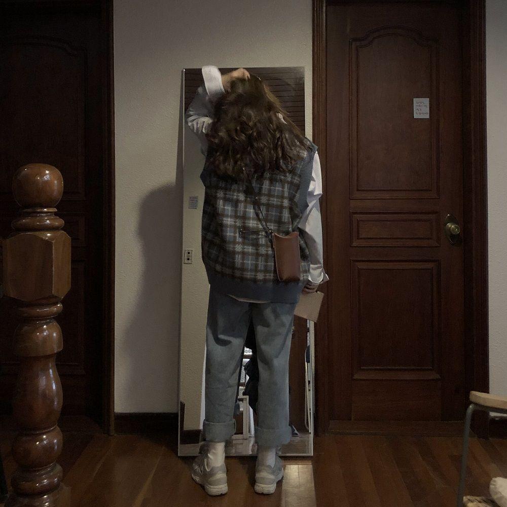 Kamizelka damska Plaid Vintage Harajuku stylowa odzież uliczna z dekoltem w kształcie litery V, bez rękawów, swetry studenckie, koreański styl, luźna na co dzień