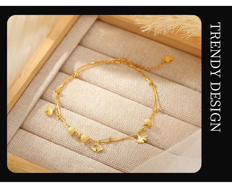 Banyan Tree S925 Silver Apricot Sand Bead & Ginkgo Leaf Double-Layer Anklet for Women