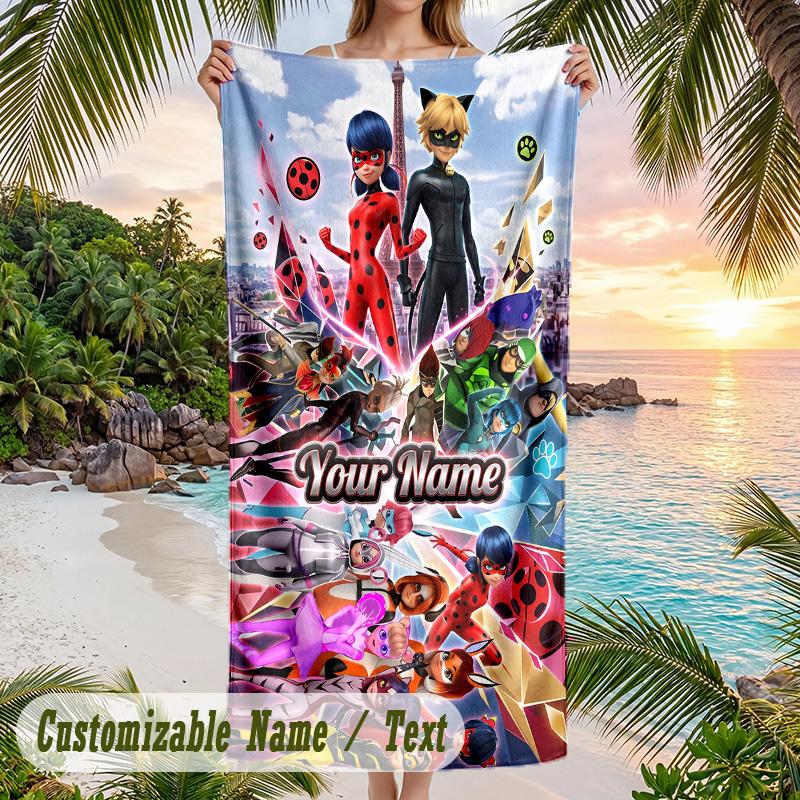 Miraculous Ladybug Strandtuch, Personalisiert mit individuellem Text, Schnelltrocknendes weiches großes Handtuch für Schwimmbad und Reisen