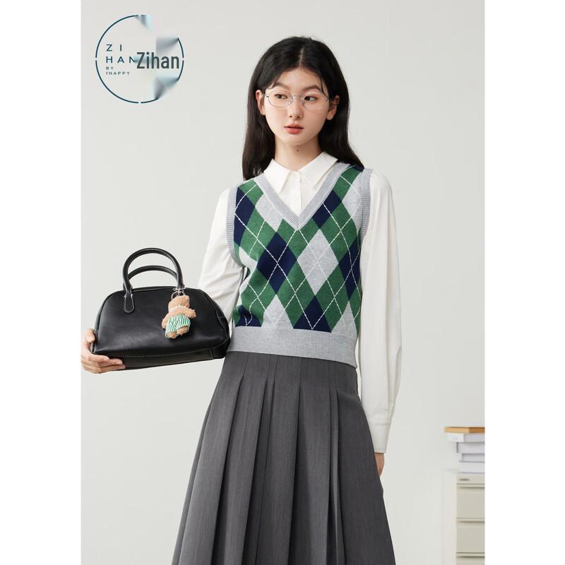 ZIHAN Women's Argyle Faux Shirt Collar Knit Sweater