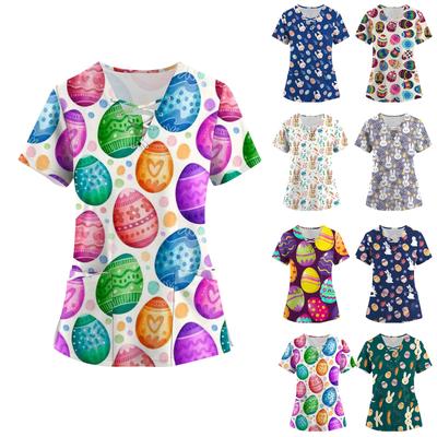 Women's Fashion Short Sleeve V-Neck Drawstring Easter Print Pocket Work Top