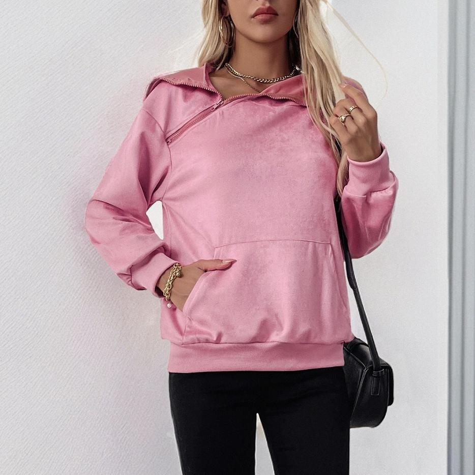 Autumn Winter Velvet Pink Hooded Sweatshirt Harajuku Vintage Solid Hoodies Women Clothes Long Sleeve Zipper Oversized Y2k Hoodie