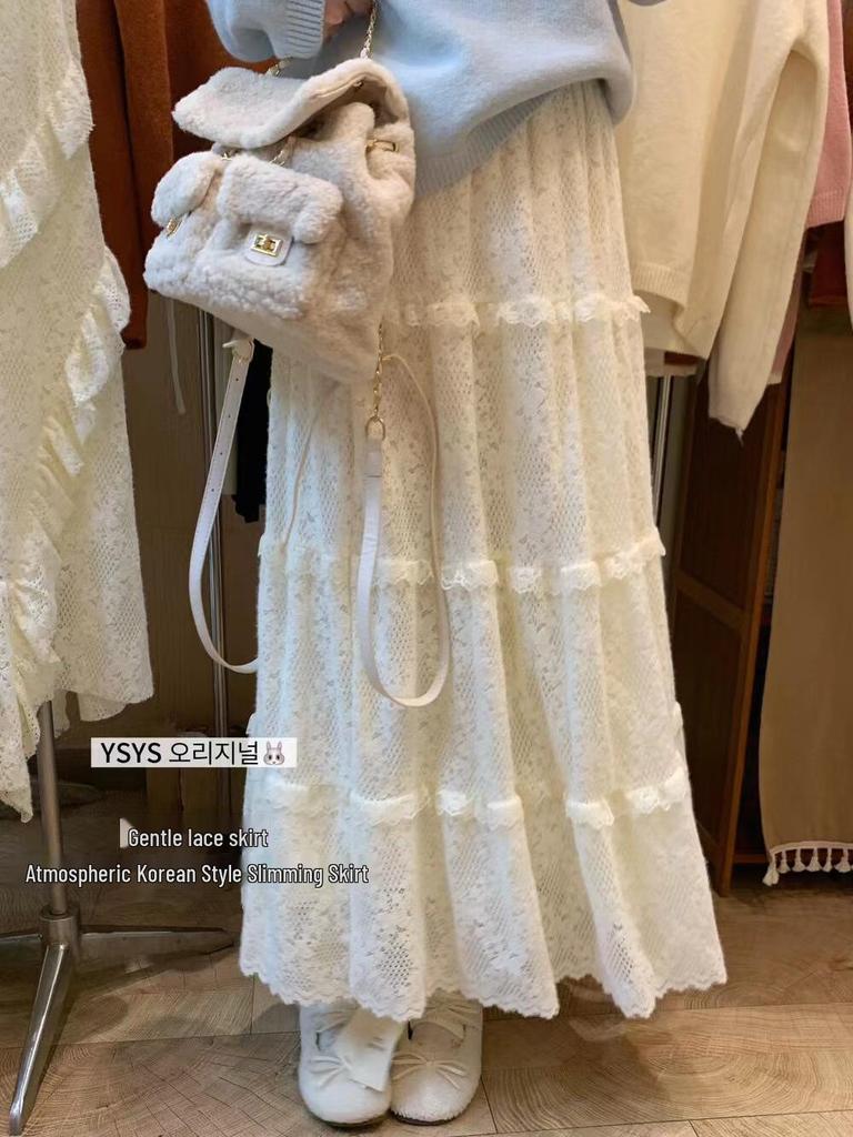 Gentle Academia Crochet Layered High-Waist Maxi Skirt for Spring/Autumn