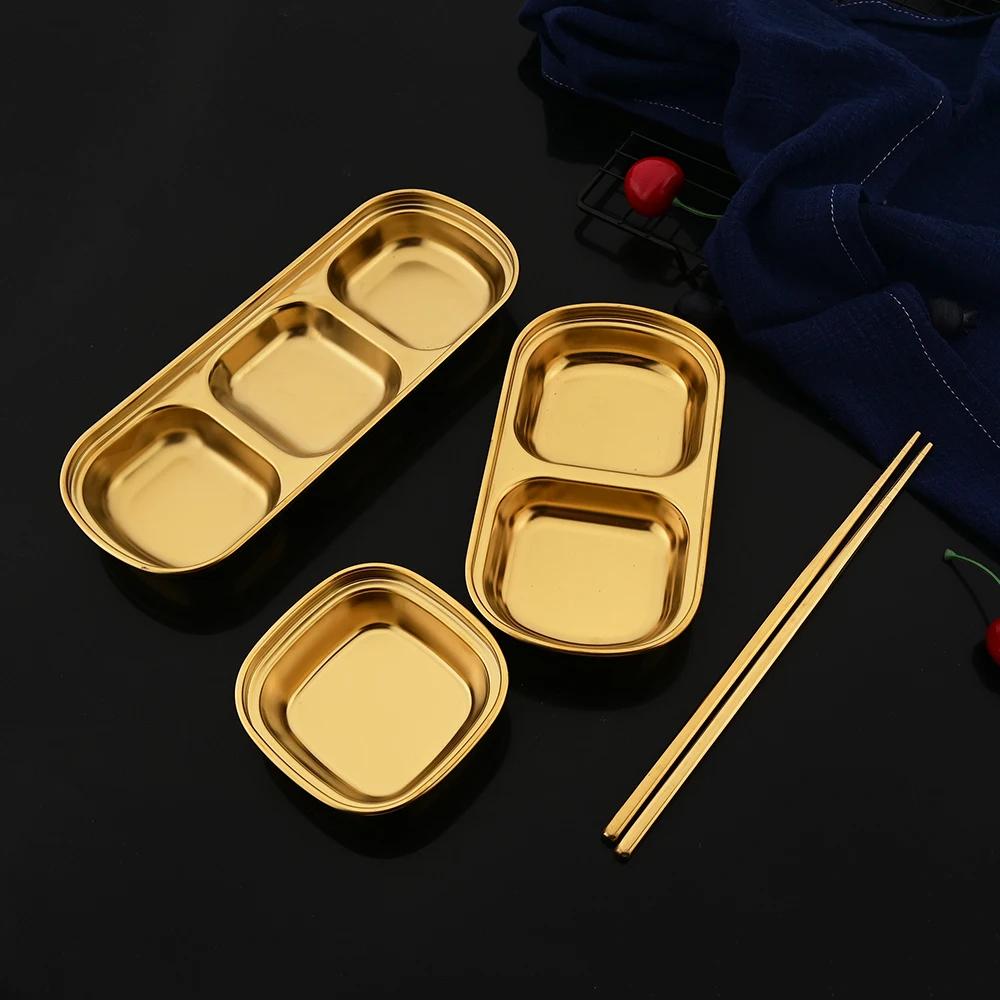 Golden Korean Style Stainless Steel Divided Dip Bowls Sauce Plate Seasoning Dipping Condiment Tray for BBQ Vinegar Spice Ketchup