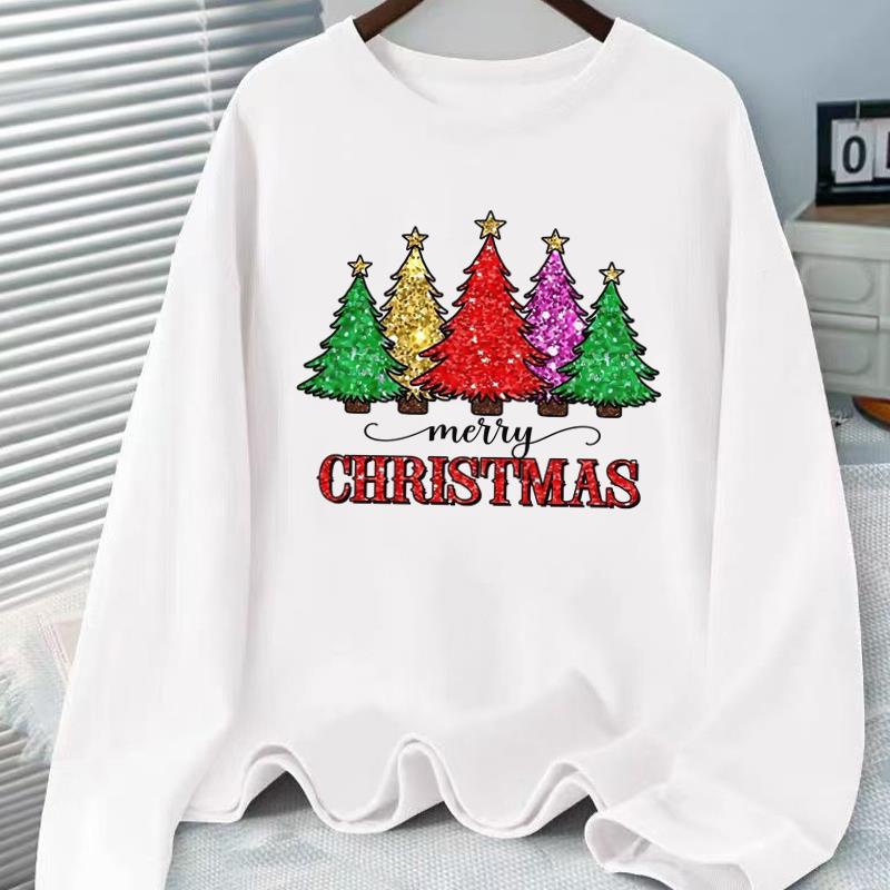 (Asian Size) Tree Watercolor Cute Print T Shirt Christmas New Year Graphic Tee Women Autumn Winter Casual Fashion Top Clothing Long Sleeve T-shirts