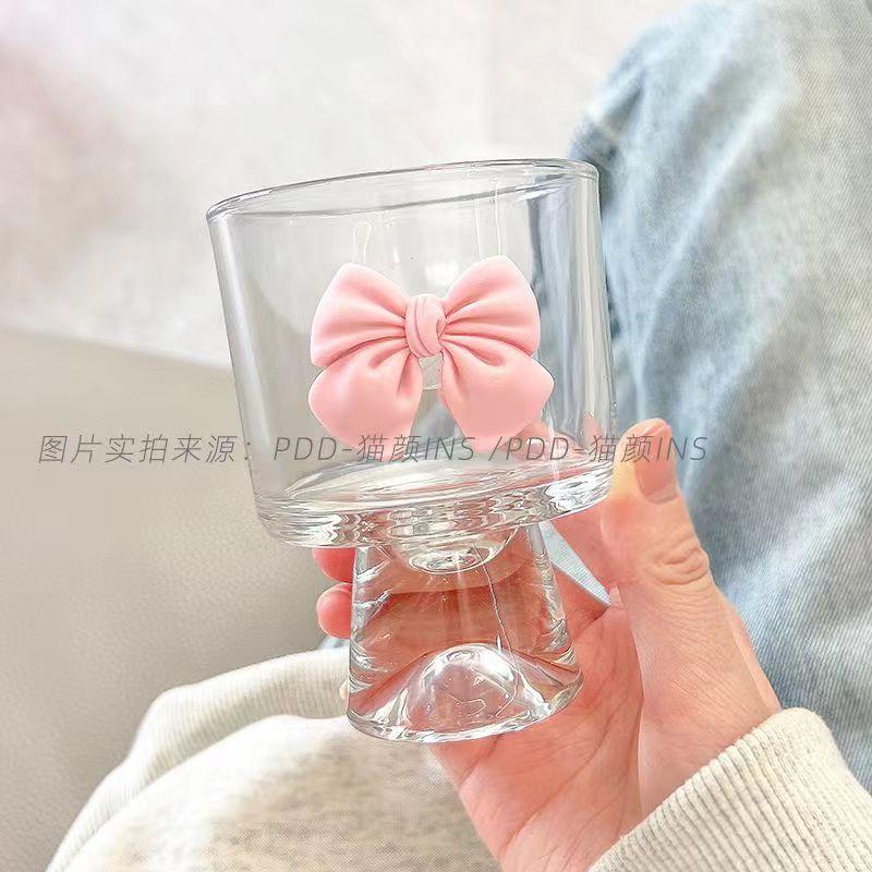 

Nordic Style Court Goblet Niche Design Bow Decoration Glass Simple Household Whisky Glass Beverage Juice Dessert Cup Drinkware 201-300ml