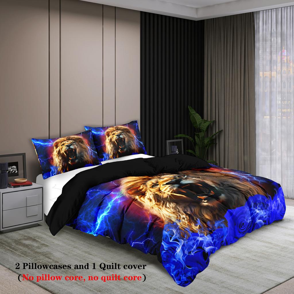 3-piece Set,lightning Lion Pattern Printed Duvet Set, Queen, King, Double Bed, Party  Funny and Creative Bedding Set