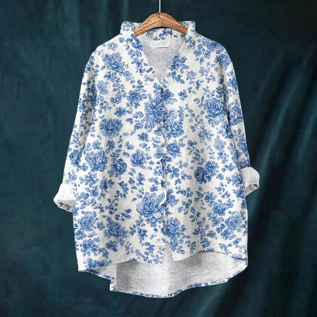 Women's Loose Ruffled Floral Print Stand Collar Long Sleeve Cotton And Linen Top