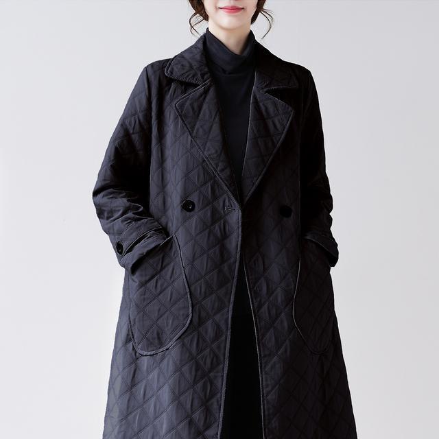 Women's Korean-Style Fashionable Autumn Winter Trench Coat Lightweight Mid-Length Loose Coat with Stylish Diamond Pattern