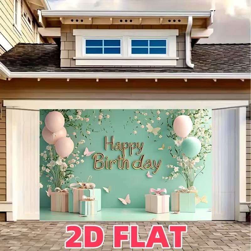 2D Mint Green Happy Birthday Backdrop with Pink Balloons & Floral Photography Background