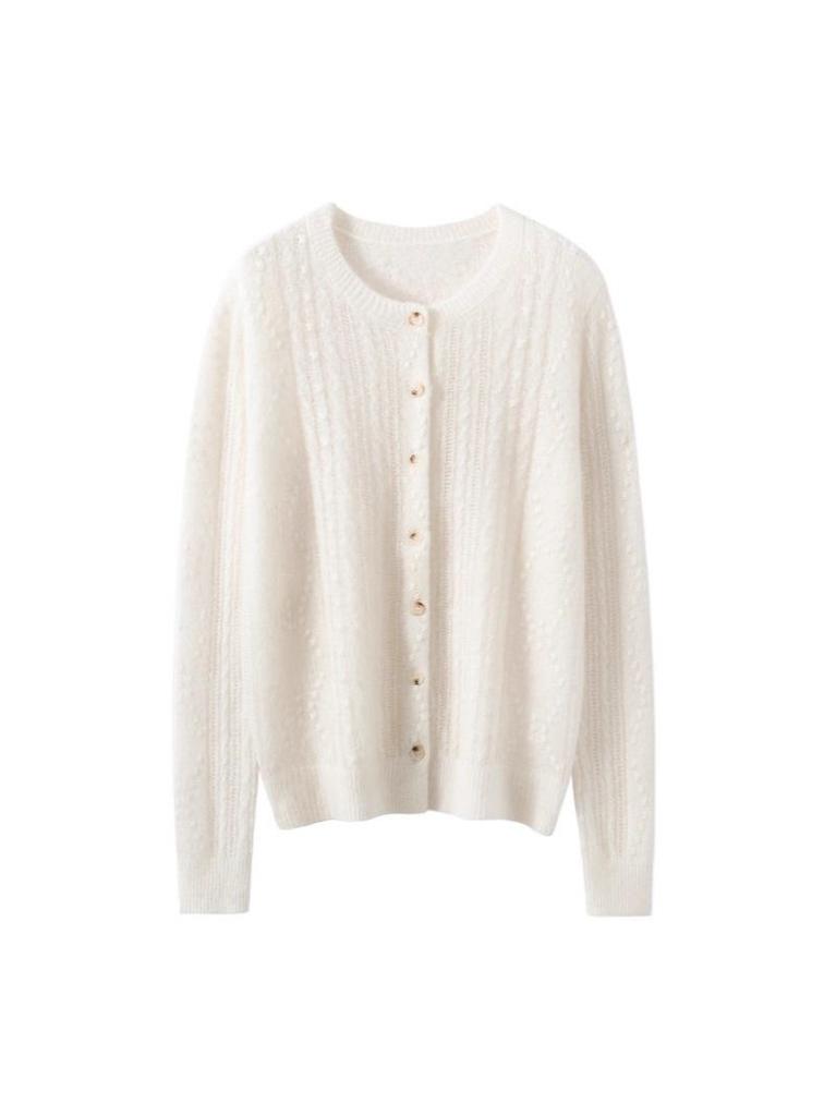 Women's Cashmere Cable Knit Cardigan: Solid Color, Round Neck, Warm Mulberry Silk Sweater for Autumn-Winter