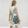 Girls Round Neck Sleeveless Tropical Leaves Printed A Line Flared Dress