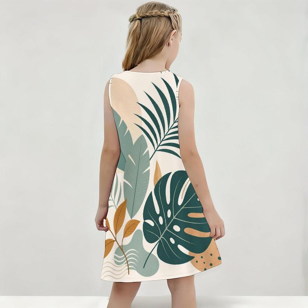Girls Round Neck Sleeveless Tropical Leaves Printed A Line Flared Dress