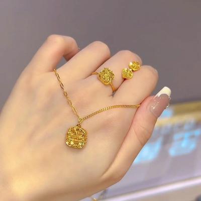 Zhou Family Gold Bling Square Sugar Stud Earrings & Necklace Jewelry Set