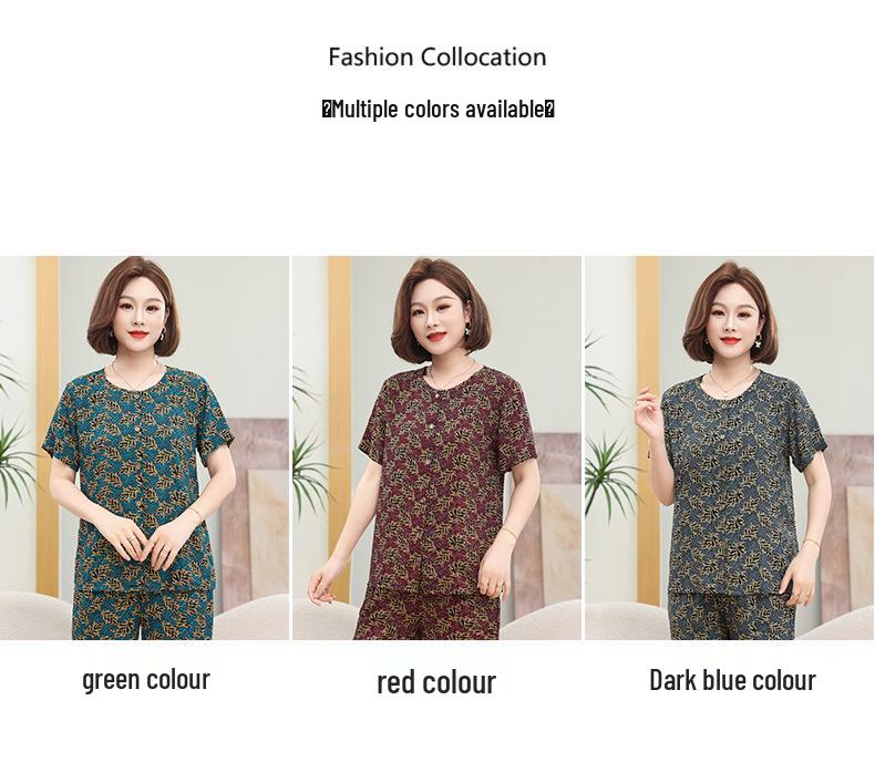 Mom's Fashionable Summer Short-Sleeve Set: Stylish Cardigan Top, Cool Two-Piece Outfit for Middle-Aged and Elderly Women.