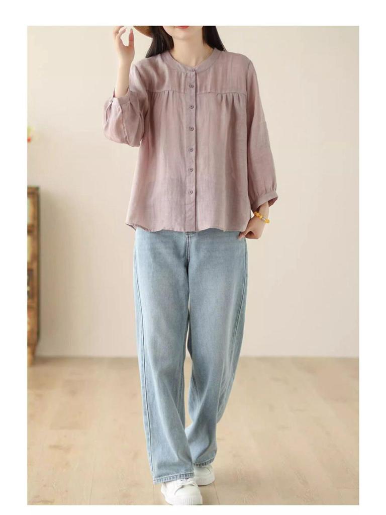 Summer Cotton Linen Casual Women's Blouse - Lightweight, Loose, and Slimming Seven-Sleeve Sunscreen Top
