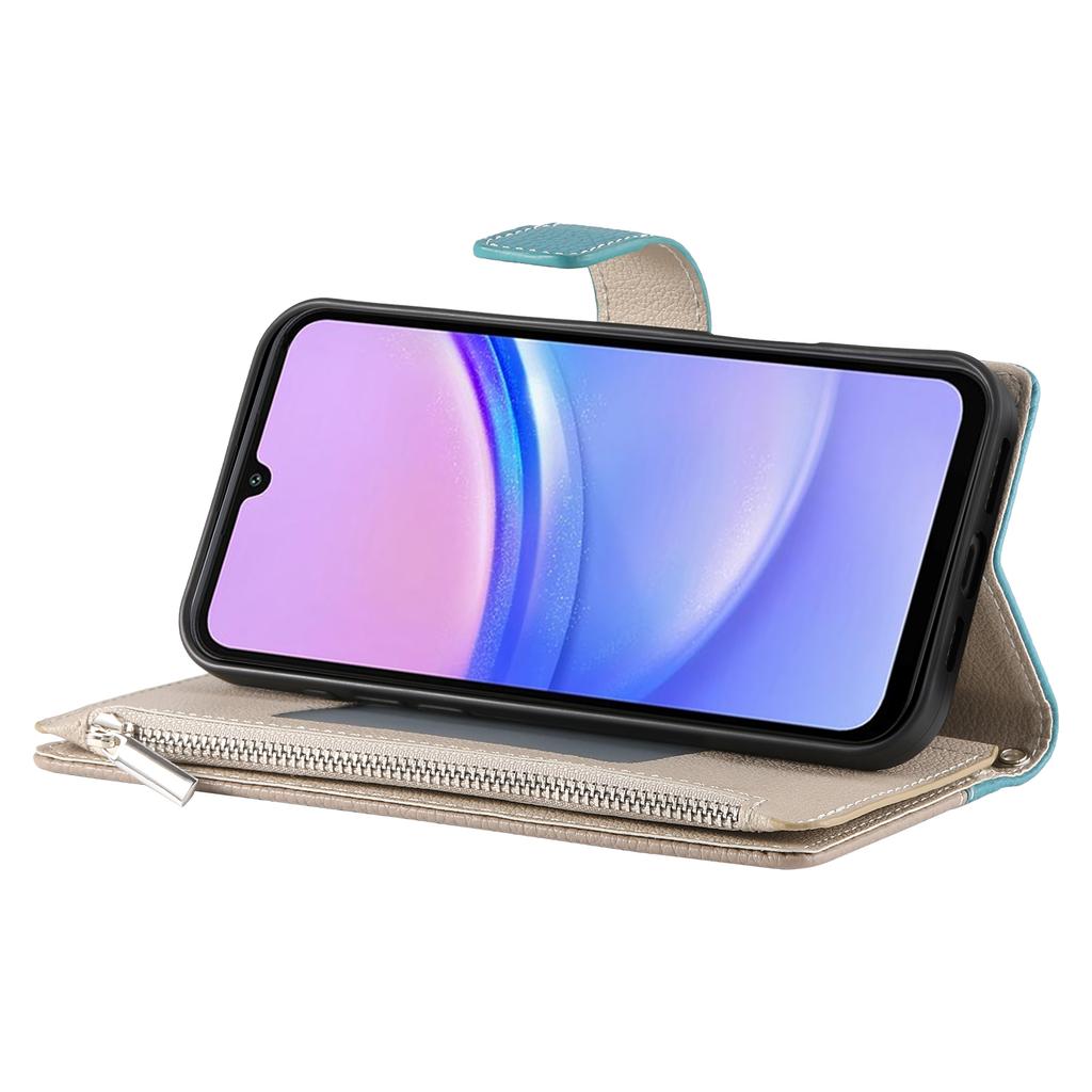 For Samsung Galaxy A15 5G/4G Case Zipper Wallet Color Splicing Leather Flip Phone Cover with Straps