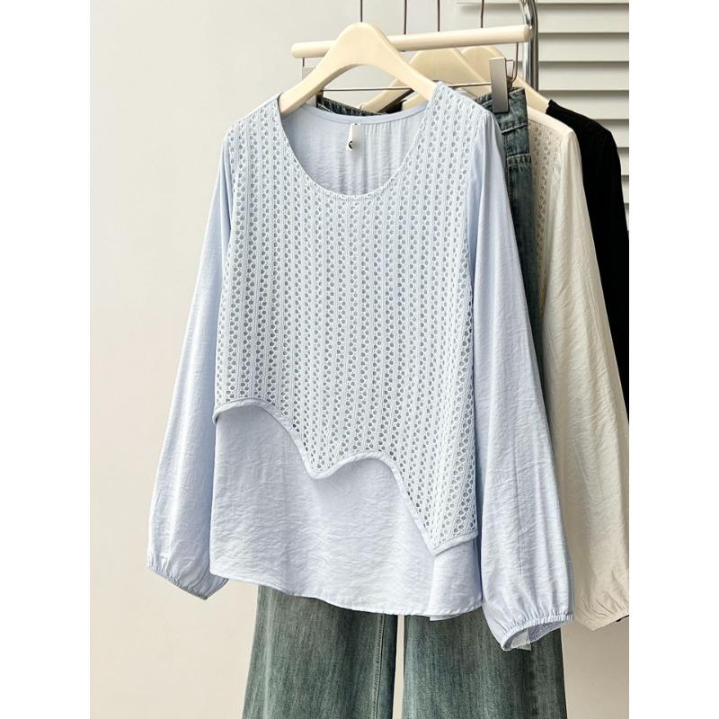 Plus Size Irregular Hollow Out Spliced Fake Two Piece Long Sleeve T Shirt Top For Women