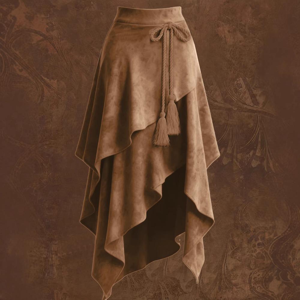 European and American women's retro western irregular rope lace-up fringed deerskin velvet skirt